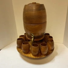 Vintage Monkey POD Wooden Barrel Drink Dispenser 11 Cups Lazy Susan