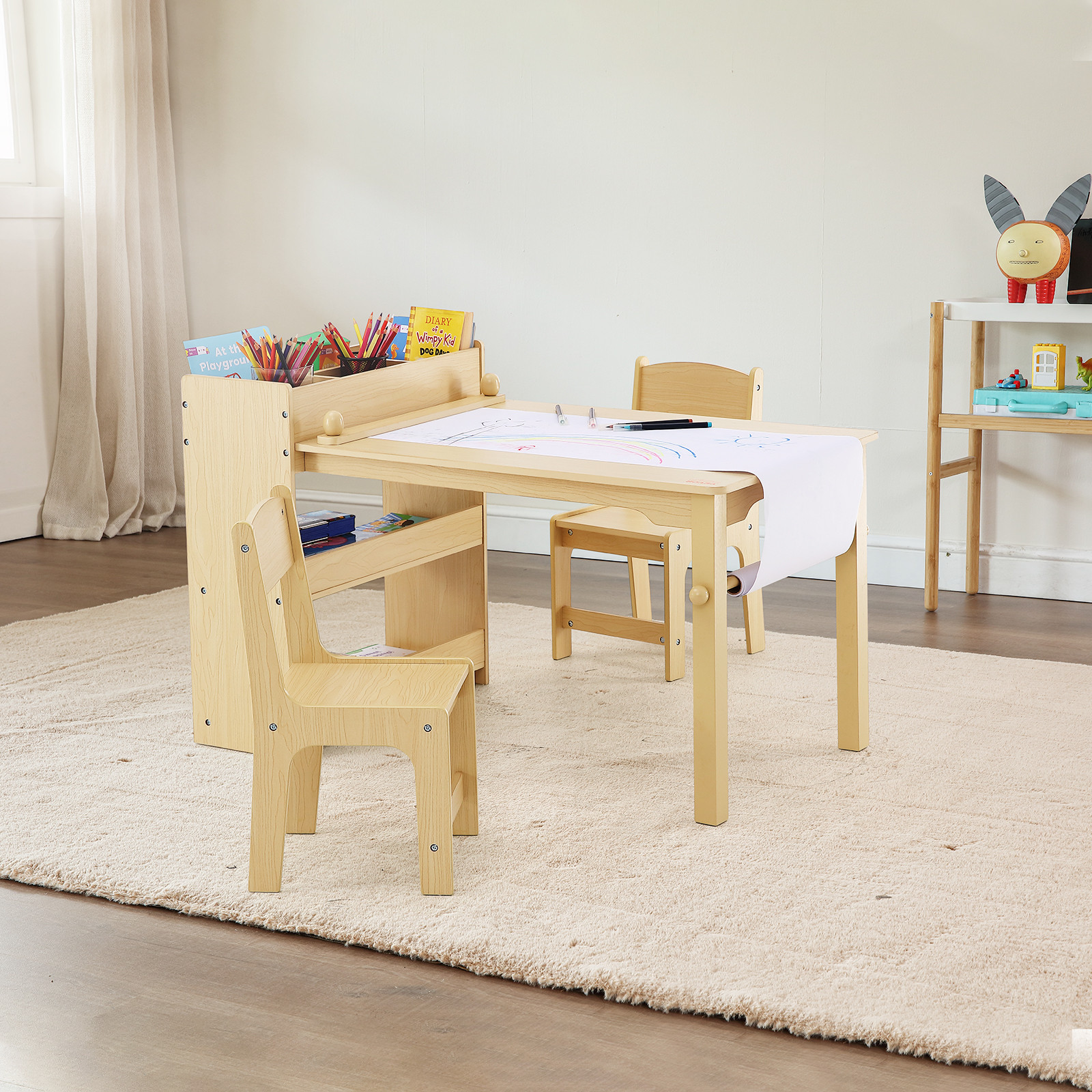 VEVOR Kids Art Table and 2 Chairs Toddler Craft and Play Table with A Cabinet