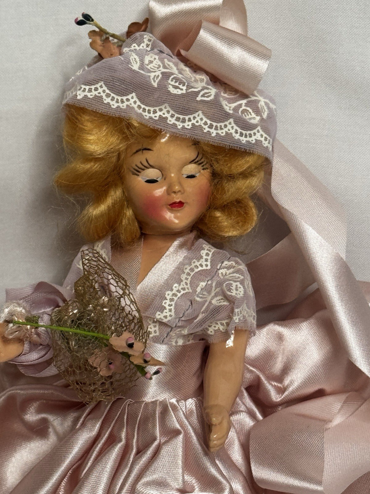 Blonde Girl Doll W/ Original Box Pink Dress Floral Hat