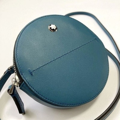 MONTBLANC Round Leather Shoulder Pouch Detachable Strap Slots Green-Blue 12x12cm