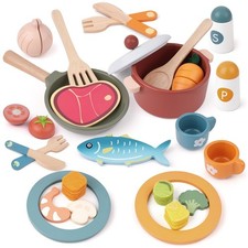 Wooden Play Kitchen Accessories, Pretend Play Food for Toddlers with Dishes
