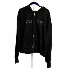 Bebe Black Hoodie with Rhinestone Detail Logo Zipper up Medium Brand New