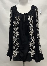 KAREN KANE Black White Embroidered Floral Long Sleeve Peasant Blouse Size XL NWT