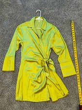 Shein Women's Lantern Sleeve Satin Wrap Dress Green Size M