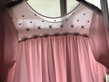 VINTAGE NIGHTGOWN SEMI SHEER NYLON LACE SILKY Sissy PINK LINGERIE USA MADE XL