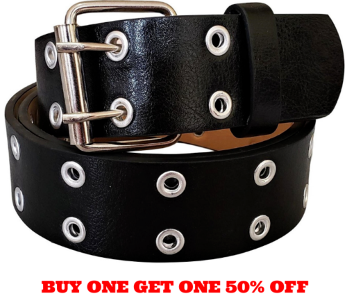 Men's Women's Leather Two Rows Silver Grommet Double Holes Black Belt All Sizes - Picture 1 of 3
