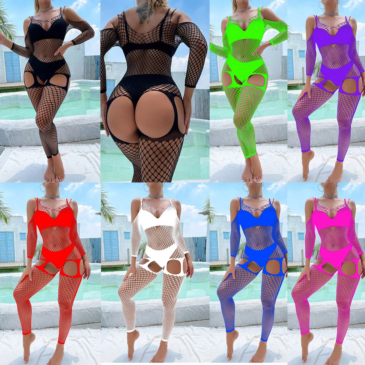 Fishnet Jumpsuit Stretchy Clothing Open Crotch Clubwear See Through Costume
