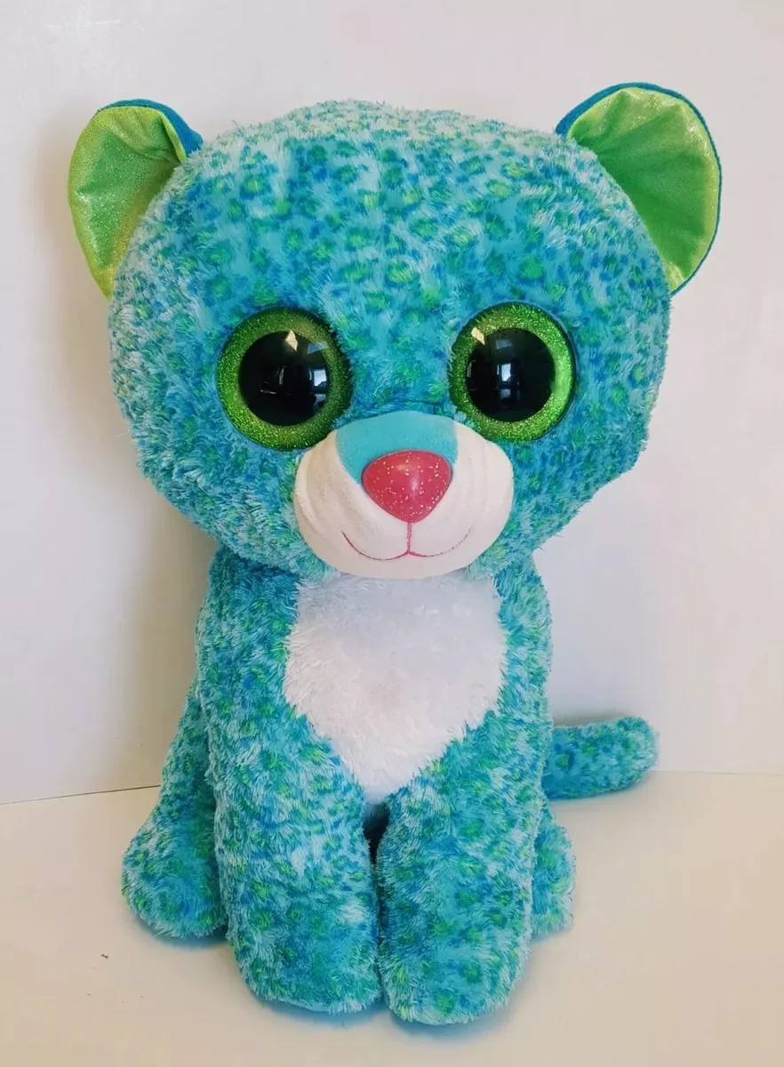 TY Beanie Boo LEONA the Leopard Blue W Green Glitter Eyes XL LARGE 17