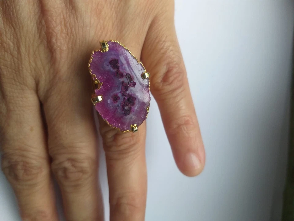 Anel de ágata drusa folheado a natural pedra preciosa geodo fatia de borda de ouro joias da moda - Imagem 2 de 4