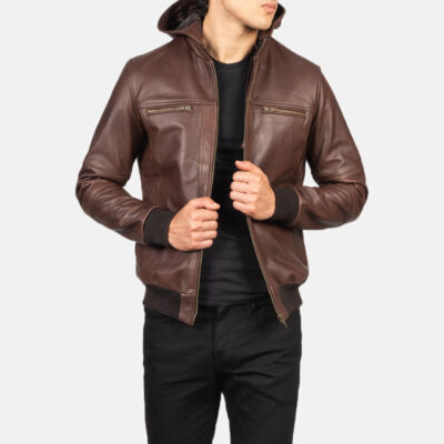 Men's Brown Lambskin Soft Leather Bomber Biker Coat Jacket With Detachable Hood