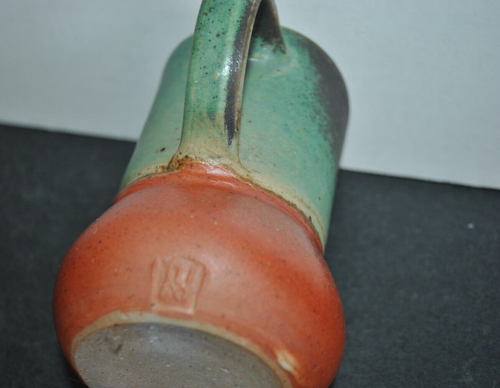 NWOT Art Pottery ARTIST CRAFTED Mug Earth Colors Green Brown Wheel Thrown Stamp - Picture 4 of 4