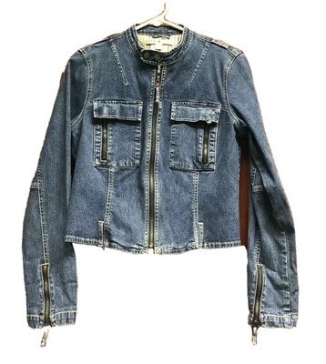 Tommy Hilfiger Womens Jean Jacket Blue Zip Up Stretch Mock Neck Flap Pockets M | eBay