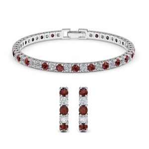Red Cubic Zirconia Jewelry Set Bracelet Earrings 925 Silver Platinum Plated 7
