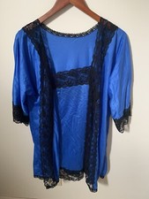 Vintage Nighty Lingerie Set Robe Satin Nylon Womens Size Medium Blue Black Lace