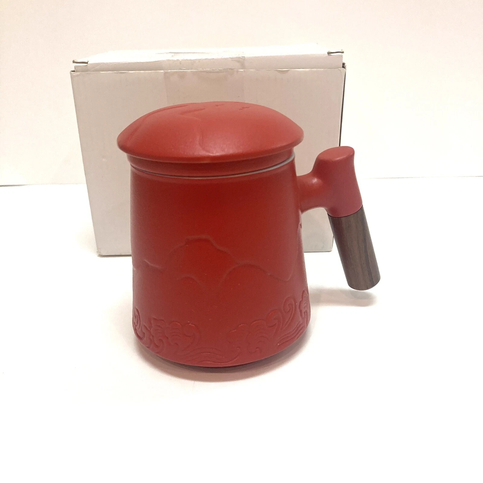 New In Box Red Porcelain Tea Cup & Infuser Mountain Scene