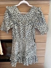 LoveShackFancy Floreen Mini Dress Grey Floral Short Sleeve Ruffle Pintuck Sz XS