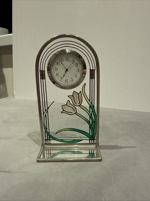 Bennetts Buntglas Schreibtischuhr Mackintosh Stil Floral Spiegelfuß Kaminsims