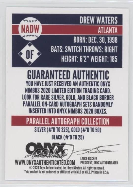 2020 Onyx Nimbus Silver Auto /325 Drew Waters #NADW Auto - Image 2 of 2
