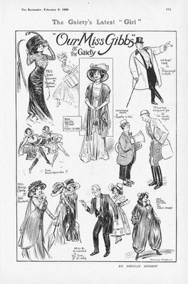 THEATER Skizzen aus ''Unsere Miss Gibbs'' in der Gaiety - antiker Druck 1909