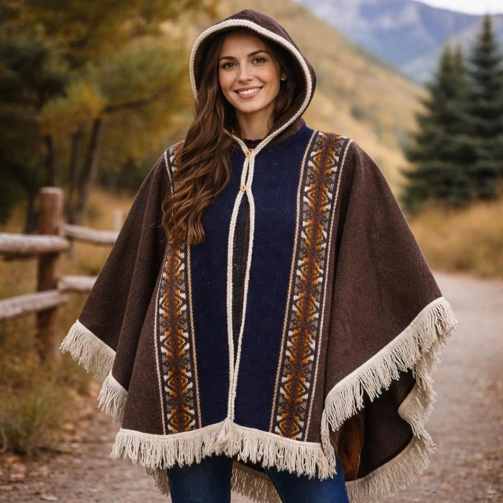 Milmarte 100% Wool Hooded Poncho Aztec Western Otavalo Ecuador Vintage One Size