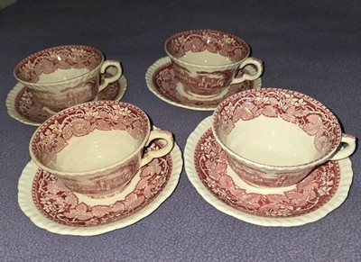Lot of 4 Mason's Vista Red/Pink teacups (4'' wide) and saucers (5.75'')