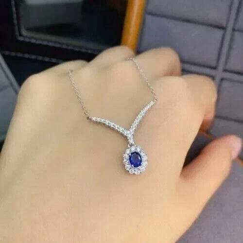 2.60CT Oval Cut CREATED Blue Sapphire Pendant 14K White Gold Plated Silver 18 - Image 3 of 4