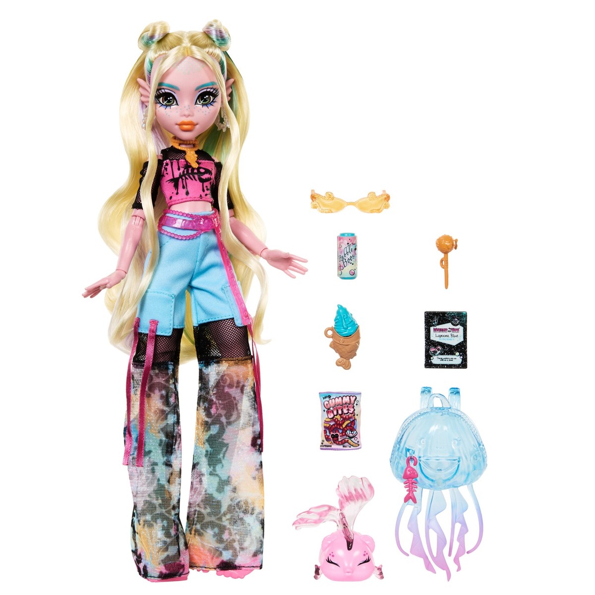 Monster High HXH75 Lagoona Blue Fashion Doll in Mesh Tee with Pet