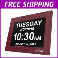 Large Day Clock with 5 Alarms, Mahogany Color