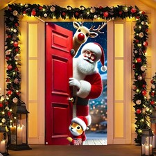 Christmas Door Cover 71x35 Inch Santa Claus and Reindeer Door Banner, Merry C...