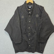 Vtg Pado Denim Shacket Shirt Womens L 80s 90s Oversize Embellished Boho Snaps