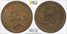 1856 Braided Hair Half Cent &ndash; PCGS AU53 BN &ndash; Original Chocolate-Brown Color