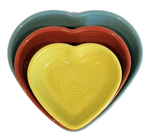 3 NEW Fiestaware Nesting Heart Bowls, Lg Turquoise, Med Paprika, Sm Lemongrass!