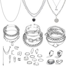 36 PC Silver Jewelry Set: Necklaces, Bracelets, Earrings  Rings for Women Girls