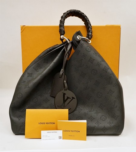 LOUIS VUITTON Black Monogram Mahina Perforated Leather Carmel Hobo Bag Purse