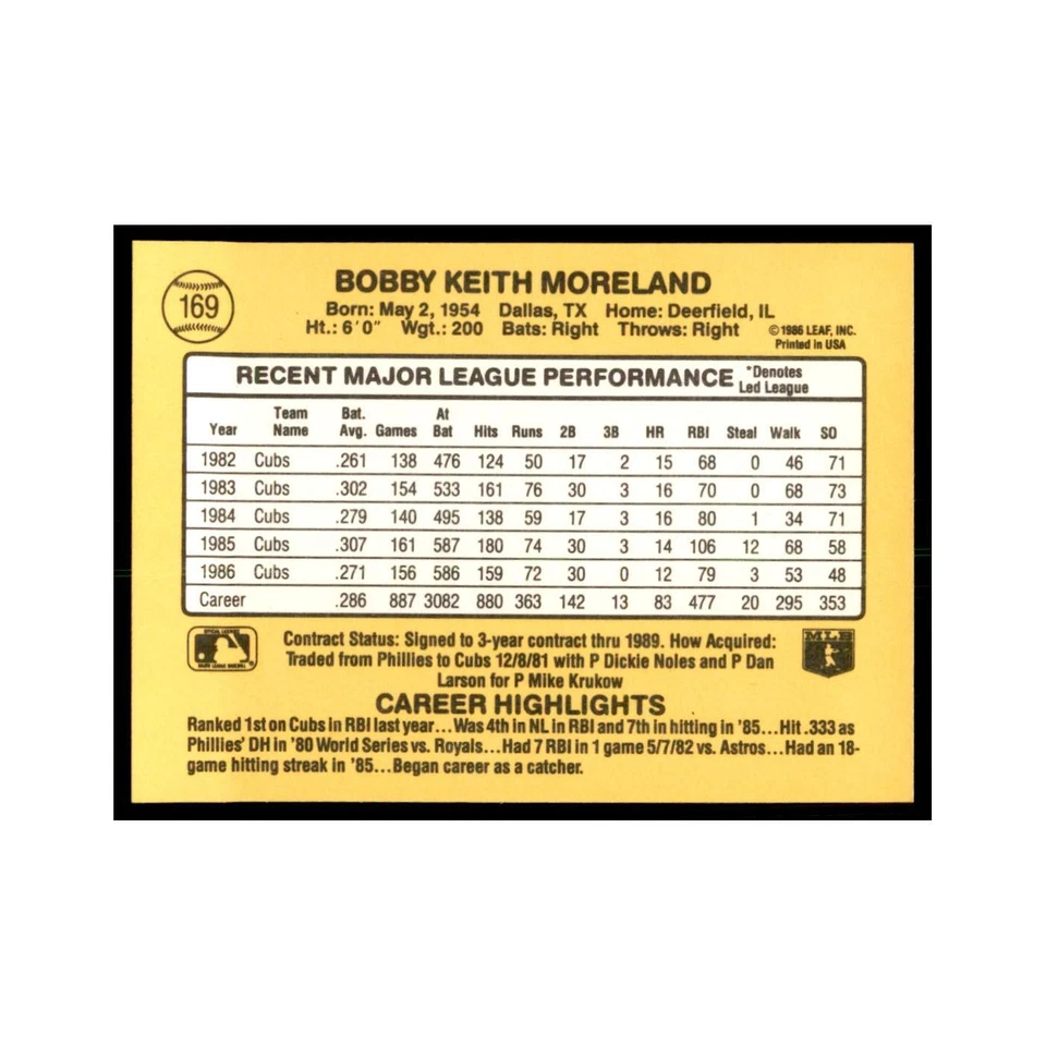 1987 Donruss Keith Moreland Baseball Cards #169 - Image 2 of 3