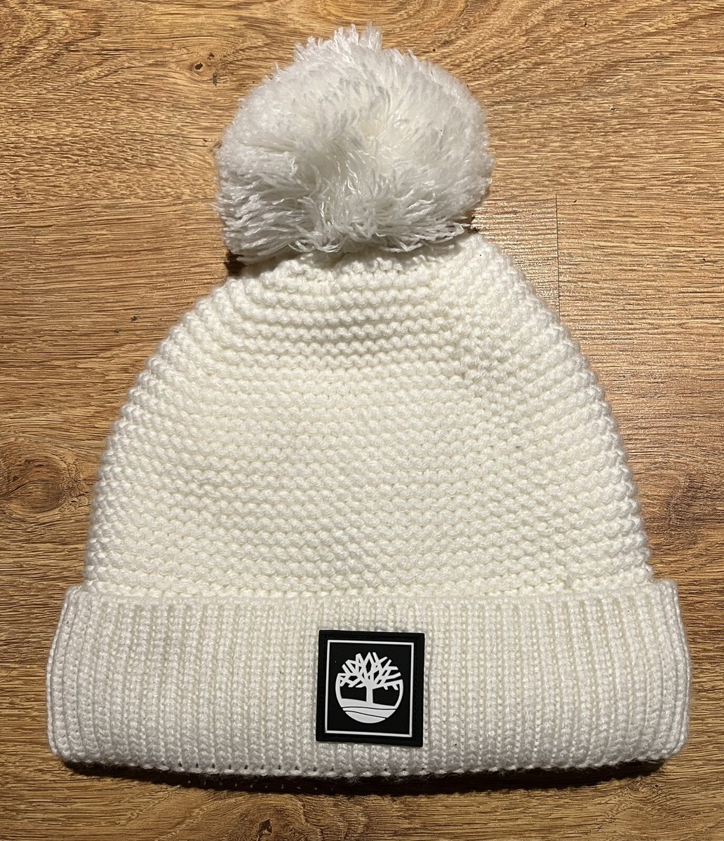 Timberland White Knit Women's Winter Toque Beanie Pom Pom Hat