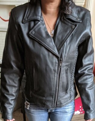 Women’s Black Leather Motorcycle Jacket Moto Biker Harley Davidson Patch  Size L