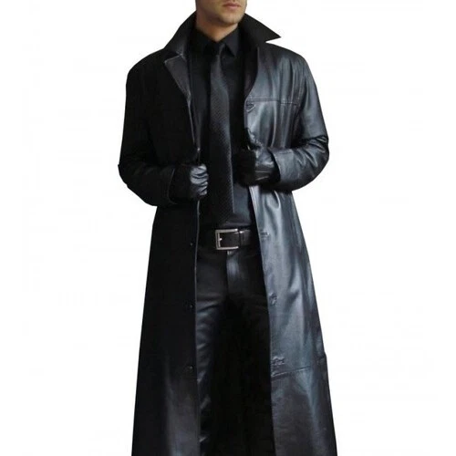 Mens Leather Trench Coat Soft Lambskin Leather Long Winter Overcoat For Men Mens