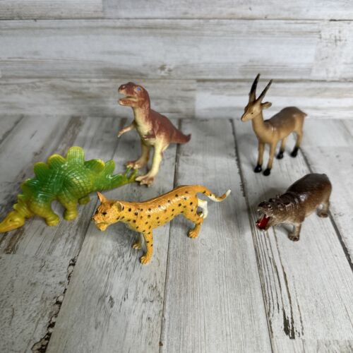 Lot of 5 VTG 70s 80s Painted PVC Plastic Mini Animals Exotic Dinosaurs T-Rex - Picture 1 of 11