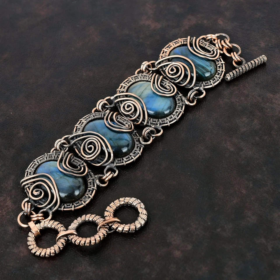 Regalo Para Mujer Envuelto en Alambre Tenis Pulsera Ajustable Cobre Labradorita 9.0" Foto 4 de 4