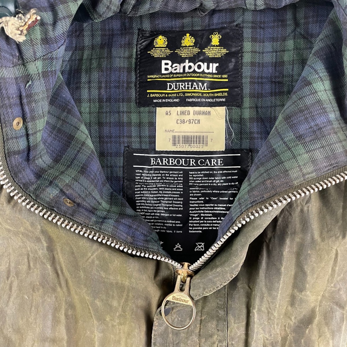 Barbour Durham Waxed A5 Jacket Men C38 Olive Tartan Plaid Lined
