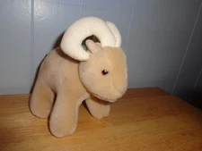 SMALL  LIGHT TAN PLUSH GOAT SMALL BROWN EYES  FARM BARNYARD ANIMAL HORNS TOY