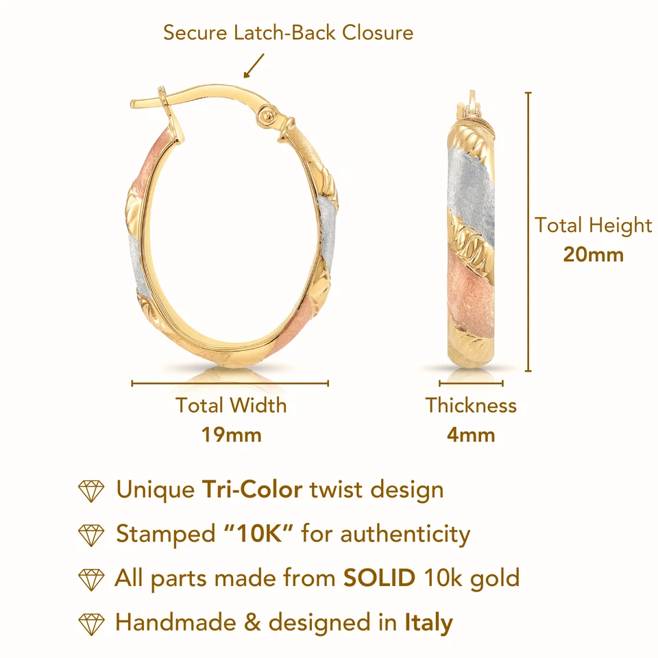 10K Real Solid Tri-Color Gold Diamond-Cut Oval Chunky Italian Hoop Earrings 20MM - Image 3 of 4