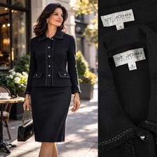 St. John Collection sz 12 Black Jacket Skirt Suit w/ Patent Leather Trim AS-IS