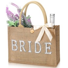 Wedding Bride Bag Natural Jute Tote with Ribbon Bride Gift Bag with Handle fo...