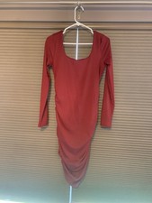 Red Ruched Knit Bodycon Midi Dress for Women, Long Sleeve, Scoop Neck, Party