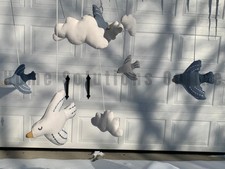 Pottery Barn Kids Linen Pick Stitch Whimsical Birds Cloud Crib Mobile 24" 8020H