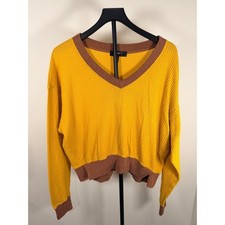 Jupee Waffle Knit Thermal Top Mustard Yellow Brown Trim V-Neck L/XL Made in USA
