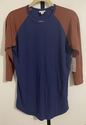 Lularoe Randy Women s Raglan Sleeve Shirt Blue with Striped Orange Sleeves