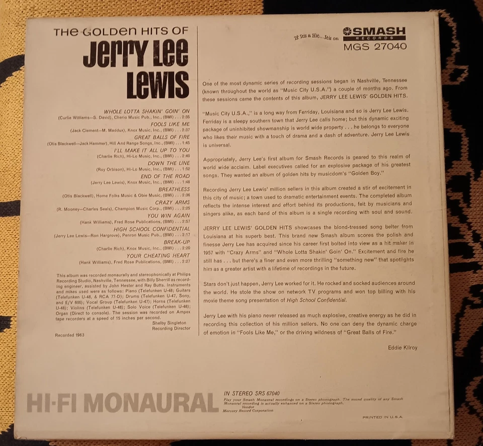 The Golden Hits Jerry Lee Lewis The Killer Vinyl LP Smash MGS 27040 1963 RARE!! - Image 2 of 4